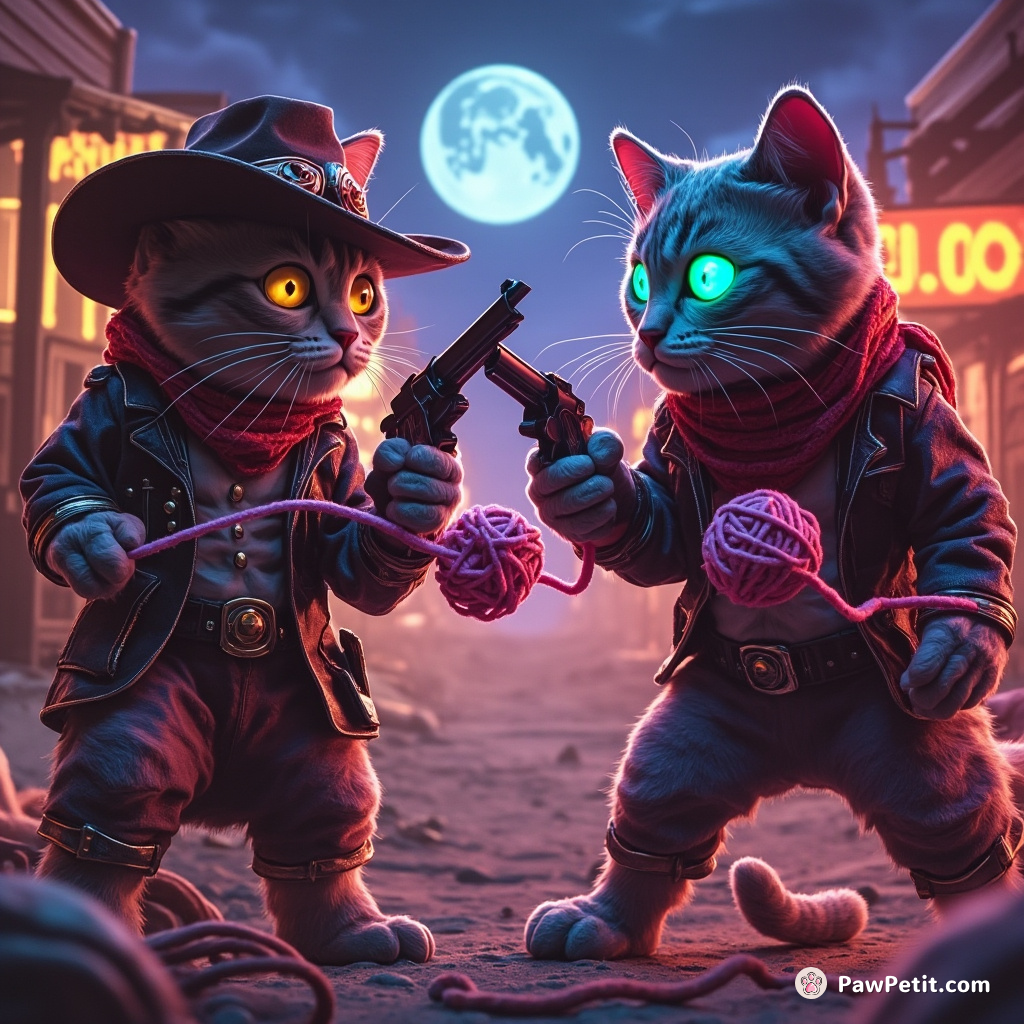 High-noon duel between a cowboy cat and an alien cat, using yarn balls as their weapons in the middle of a deserted wild west town.