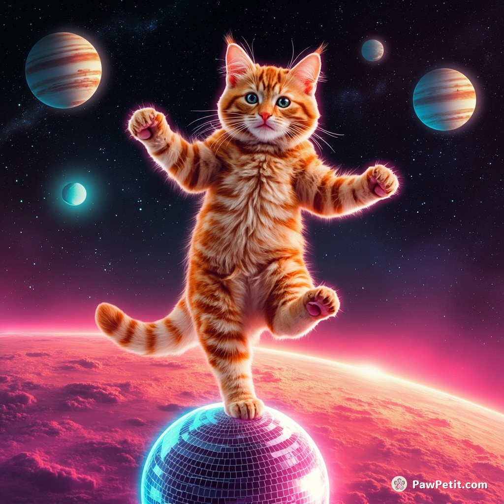 Neon orange cat moonwalking on a shiny disco ball orbiting Jupiter.