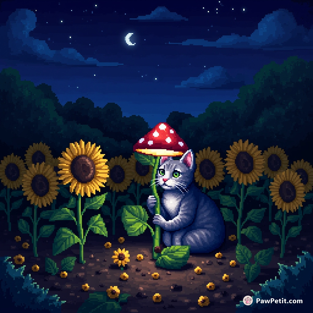 A cat planting sunflowers at midnight, using bioluminescent mushrooms as a headlamp.