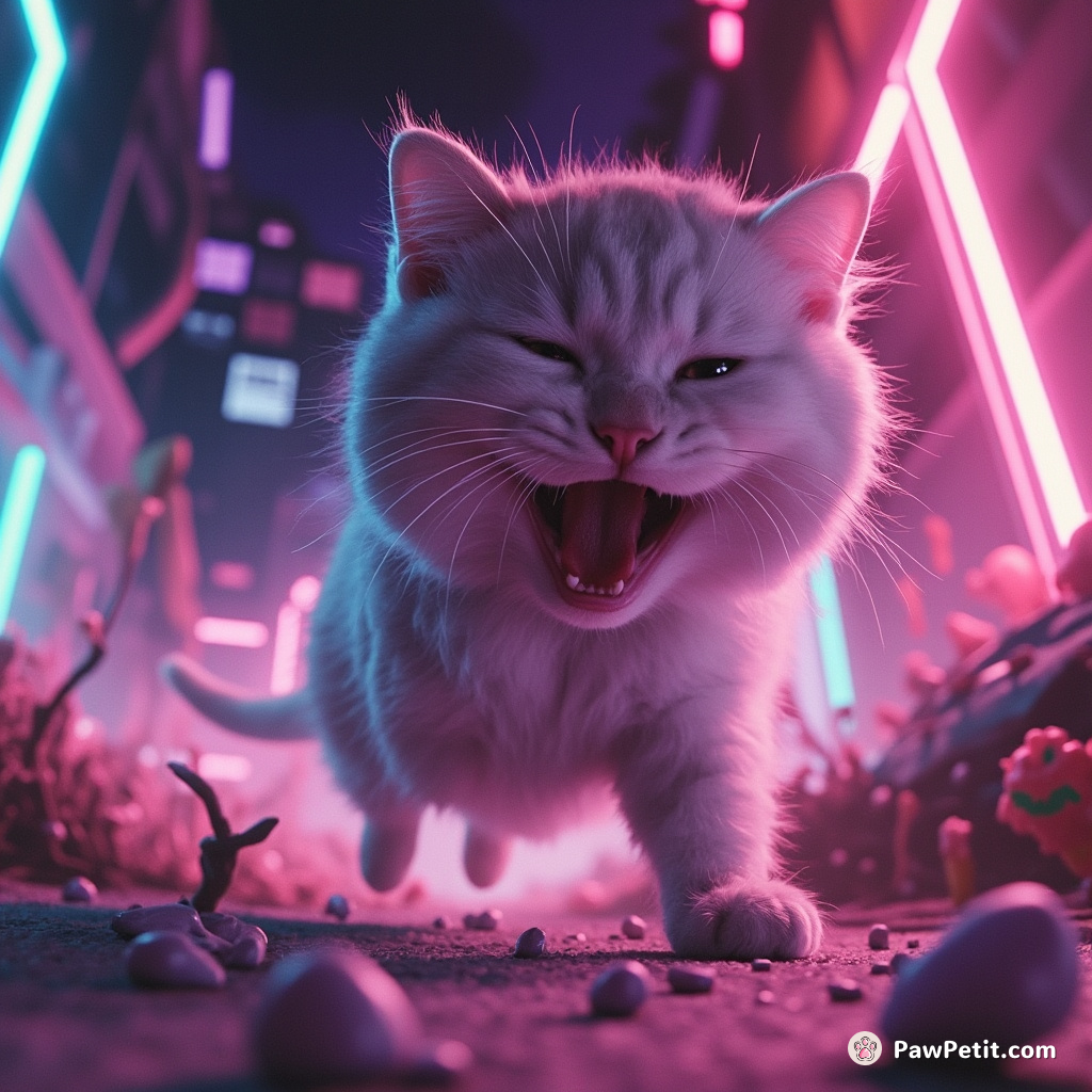 The cat strenuously wriggles and jerks, darting away after escaping the chaotic scene.