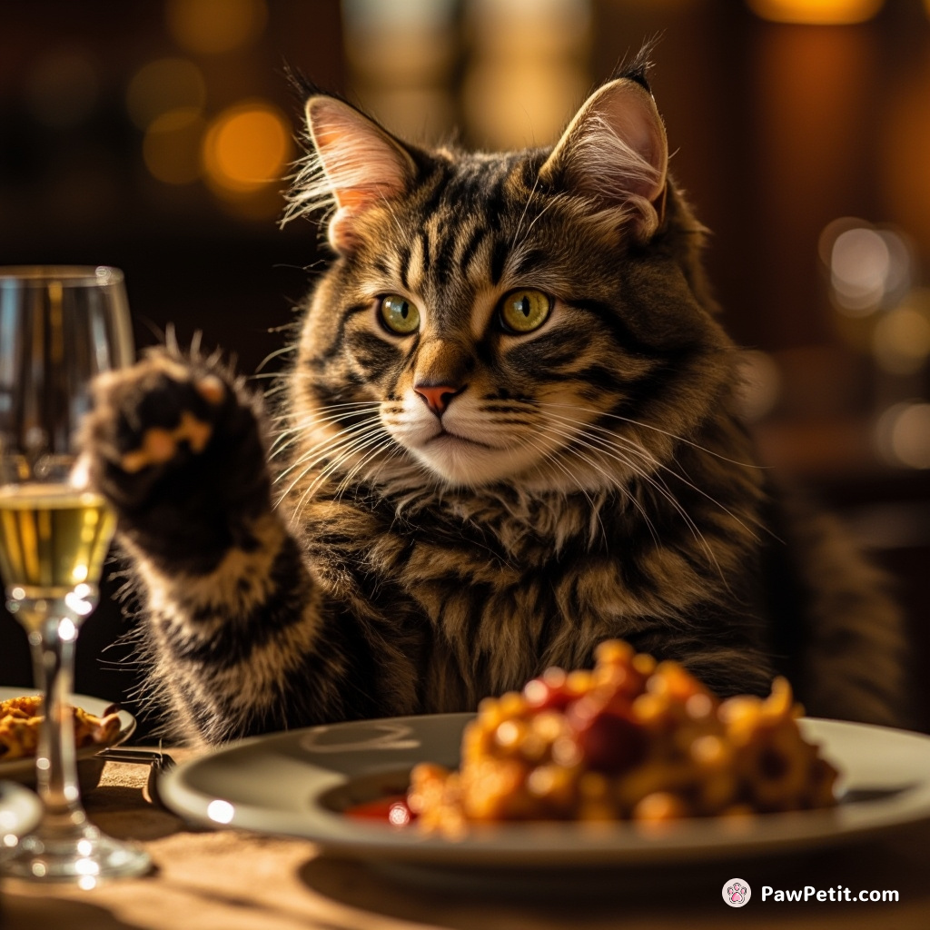 The cat, maintaining a dignified expression, ceremoniously sat upright at the dinner table and raised its paw as in toast.