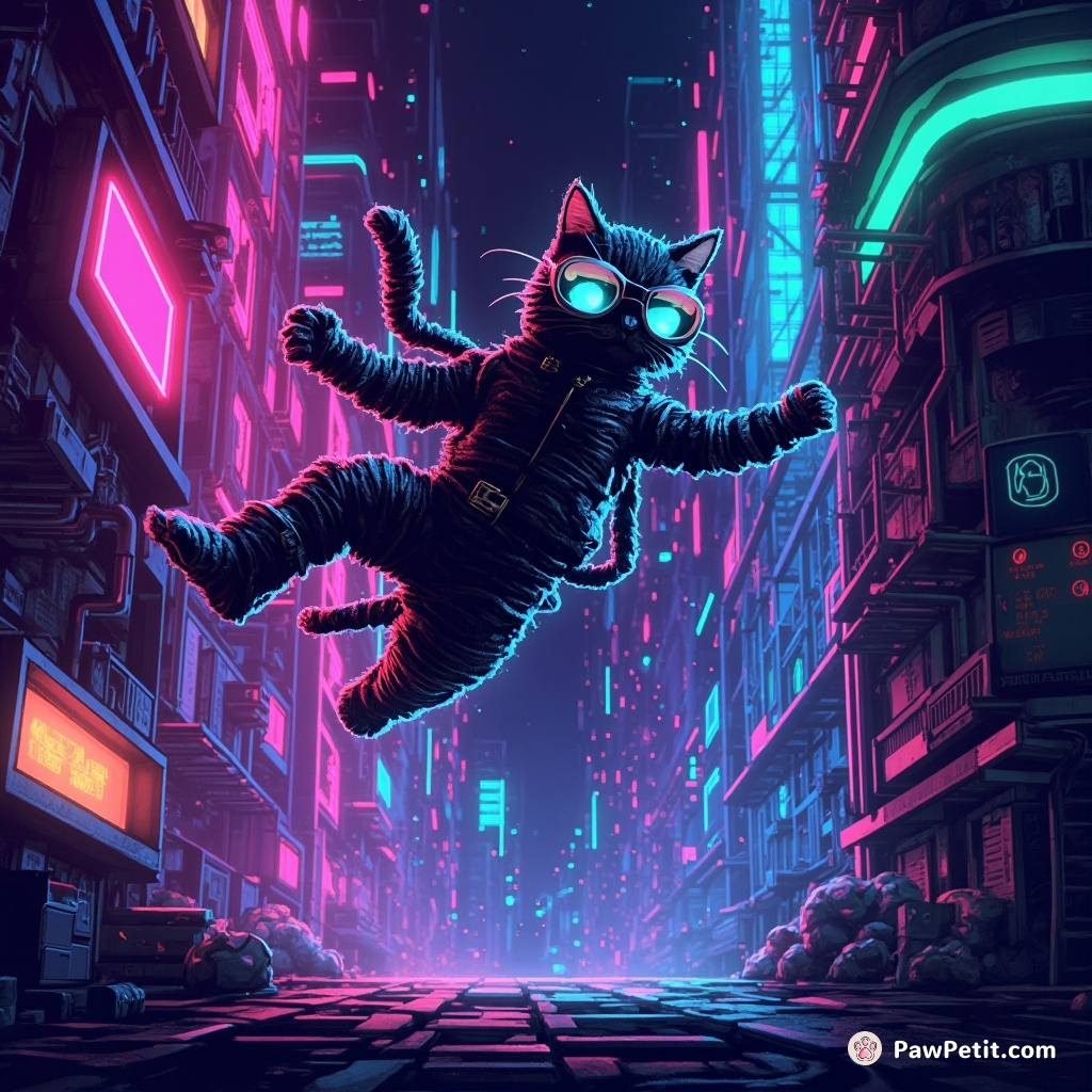 In a neon-lit cybernetic universe, a code-woven feline superhero leaps scaling firewalls in one bound, securing digital harmony.