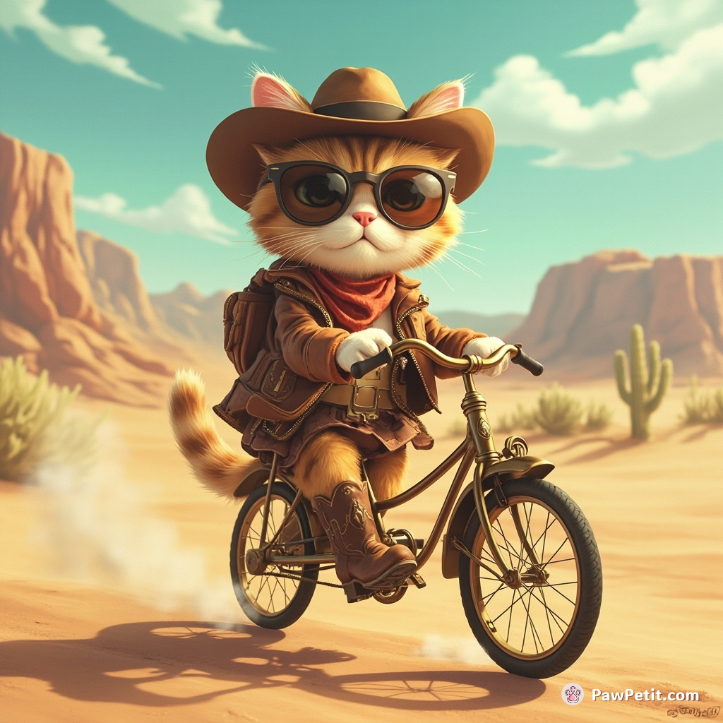 A cat reluctantly pushing an antique tricycle in a barren desert while wearing cowboy boots, sunglasses and opera gloves.
