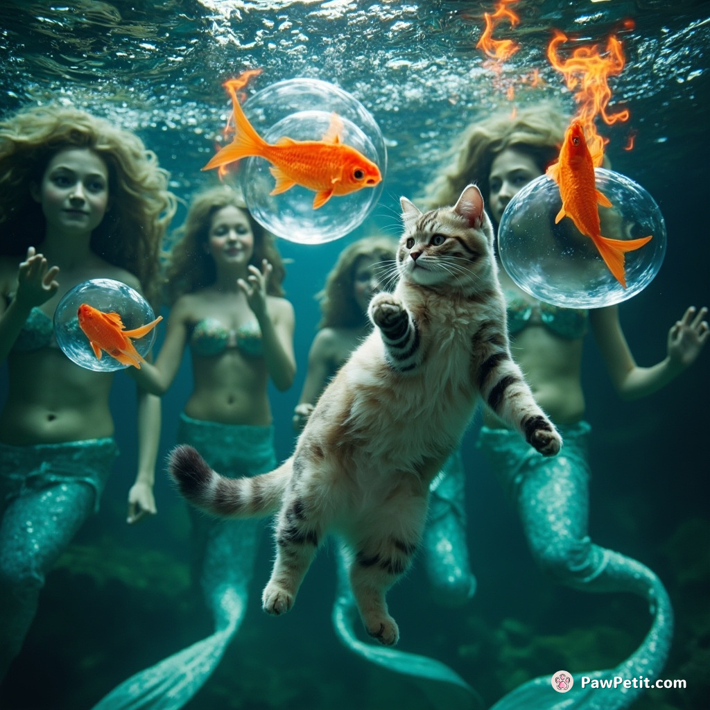 A cat juggling flaming fish underwater in orb-shaped bubbles, with mermaids as her audience.