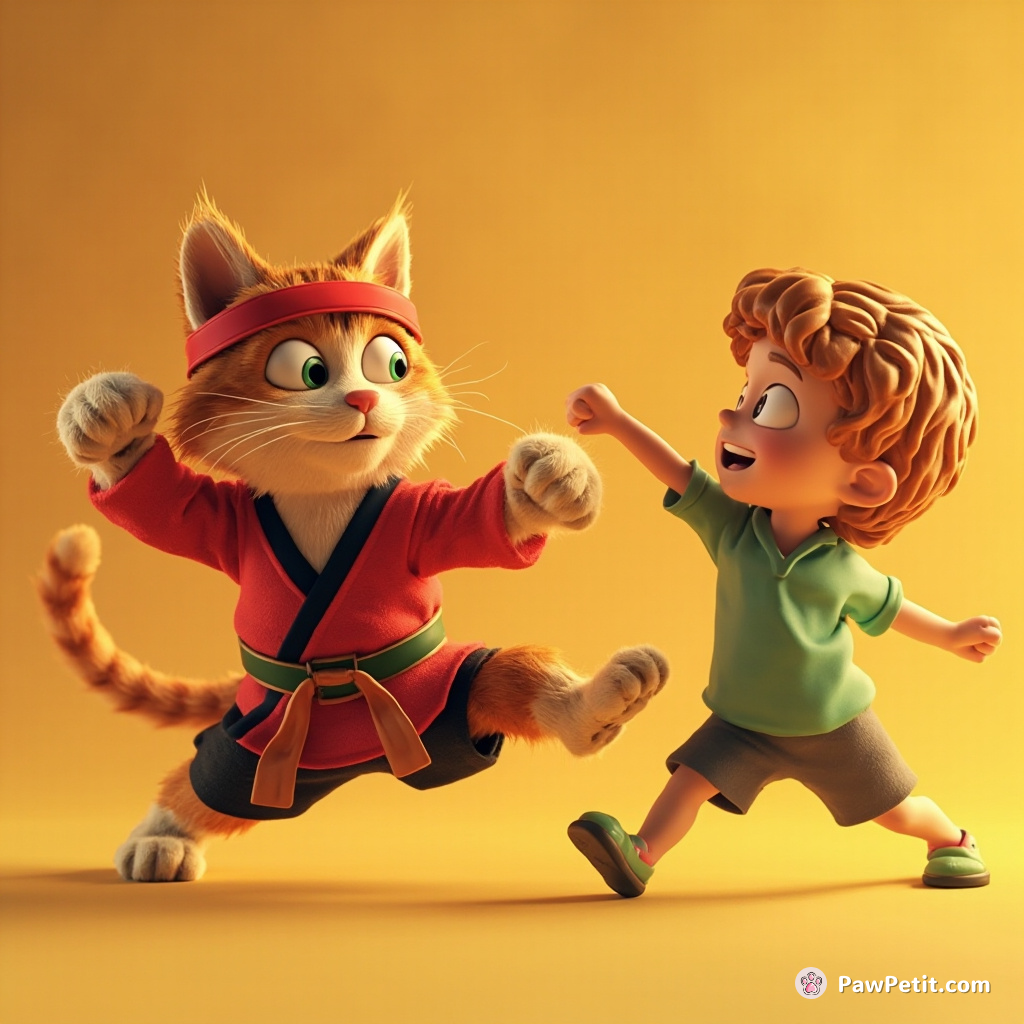 A cat saves a child, mistaking a playful paw swipe for a heroic karate chop, becoming the "Human Champion.