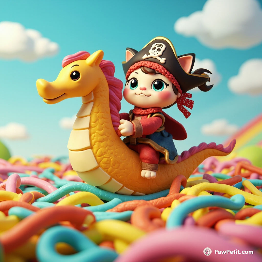 A pirate cat riding a giant seahorse through a sea made of rainbow noodles.