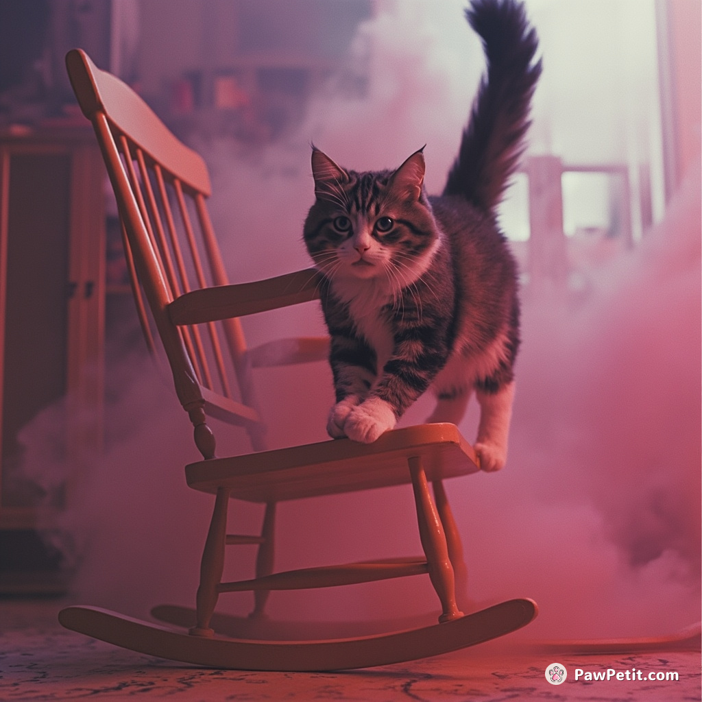 Frantically, the cat leapt from the shaken rocking chair, its fur flying as it darted for an escape.