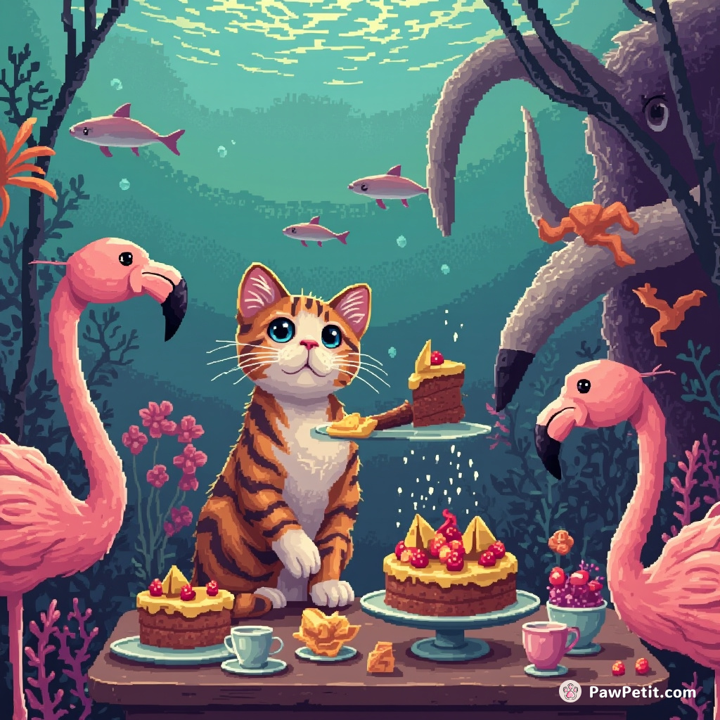 Cat serving pineapple upside-down cake to grumpy flamingos in a woolly mammoth café underwater.
