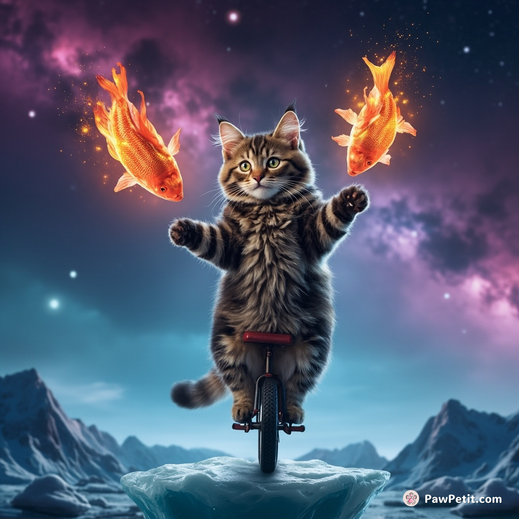 A tabby cat juggling flaming fish, riding a unicycle on top of a slow-moving iceberg in the neon-infused, sparkling galaxy.