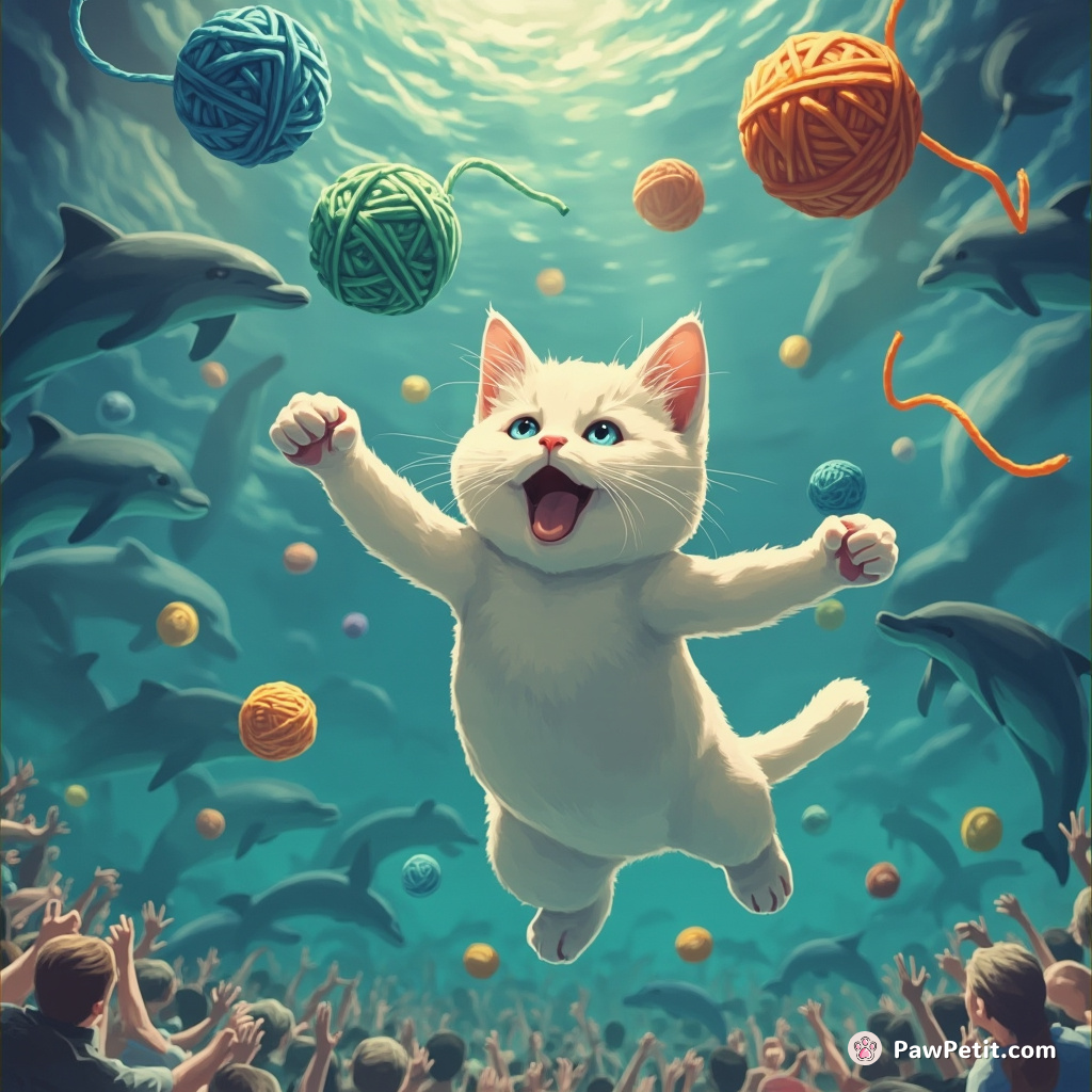 Cat juggling yarn balls in zero gravity, with dolphins as audience.