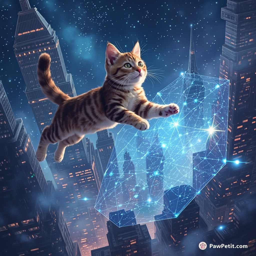 A holographic map materializes in midair as the cat leaps between towering skyscrapers, pausing to paw at digital constellations.