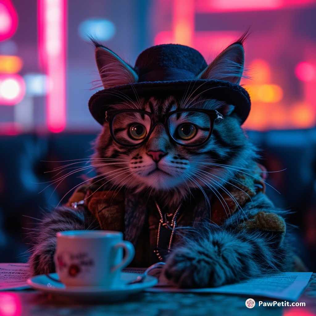 Whiskers dons a tiny hat, sipping tea with a paw, pretending to read the newspaper upside down.