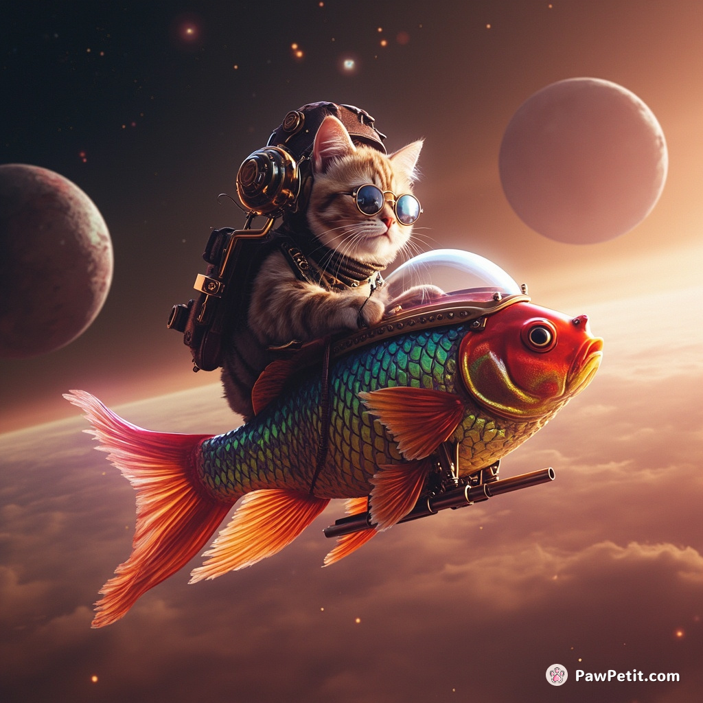 Steampunk cat piloting a mechanical, rainbow-hued goldfish under the acrylic skies of Mars.