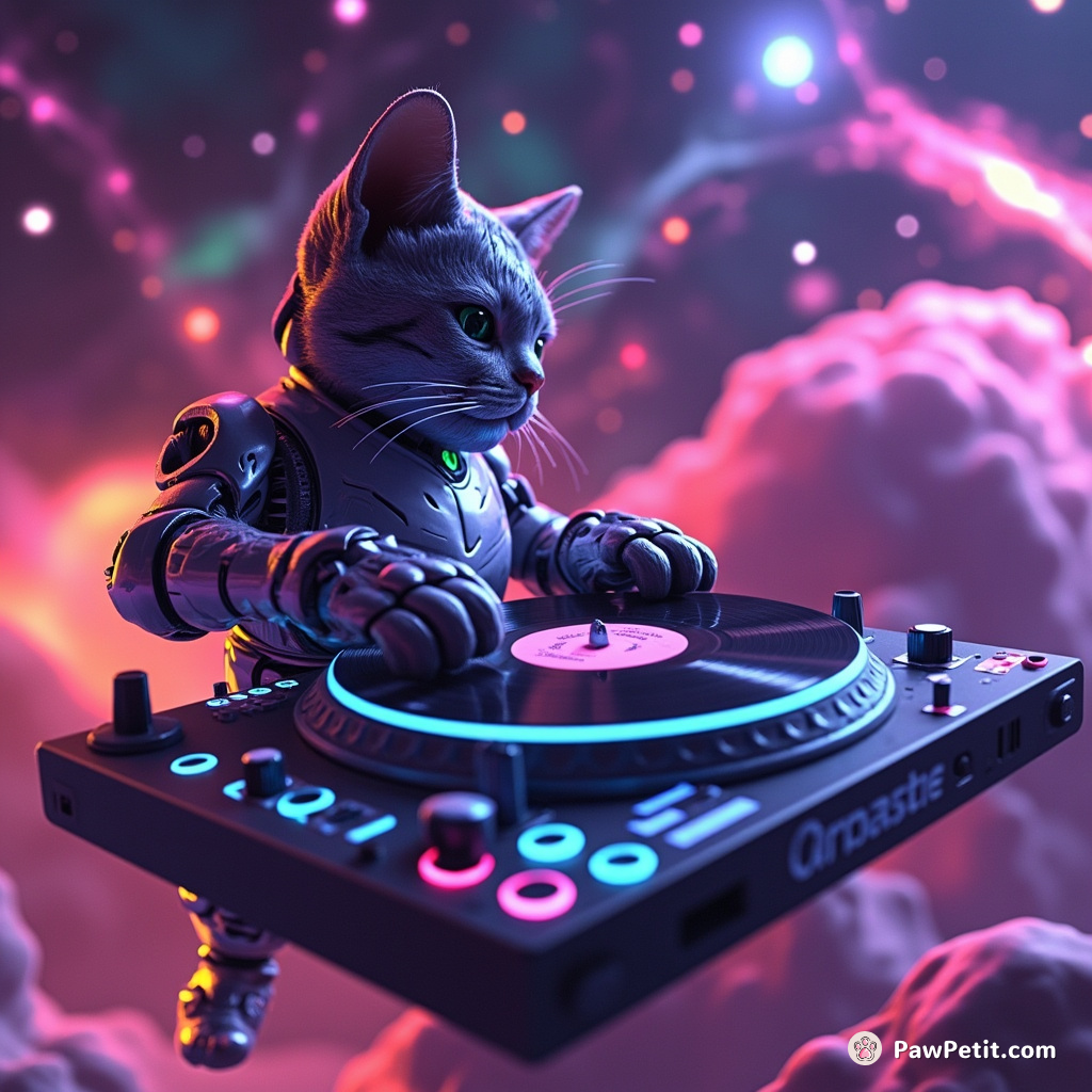 Cyborg cat DJing on a floating vinyl station amidst neon galaxy swirls.