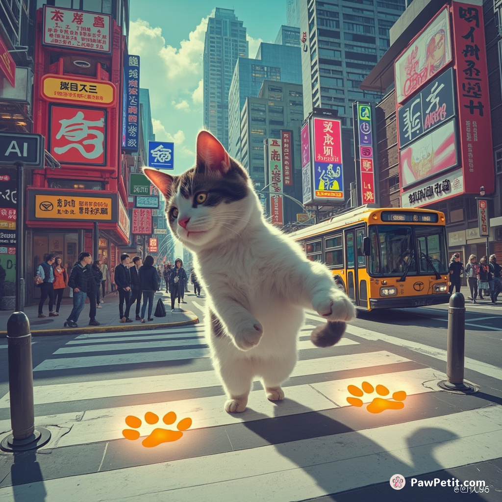 In an AI-powered city, a nimble cat activates public transports via paw prints, bypassing pedestrian footprints detection.