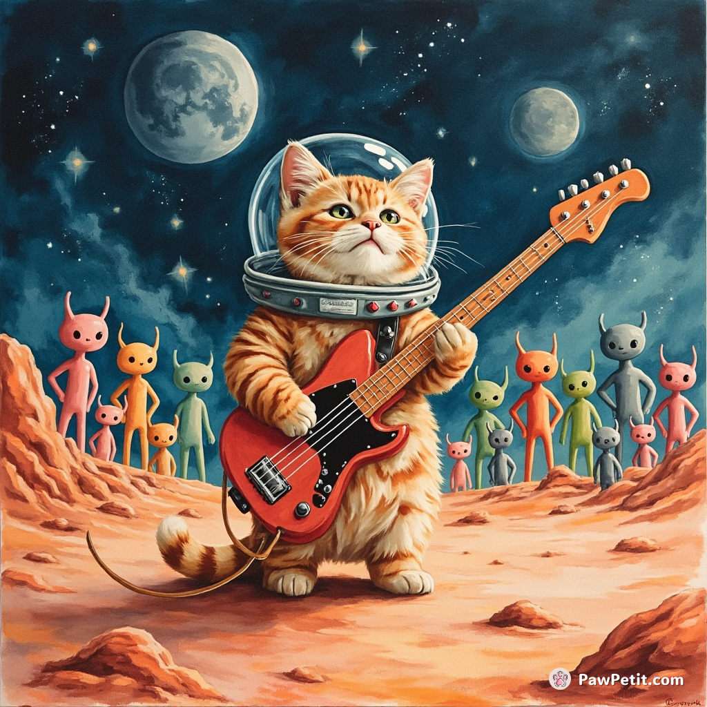 A cat performing a rock concert on Mars for an audience of multi-colored aliens.