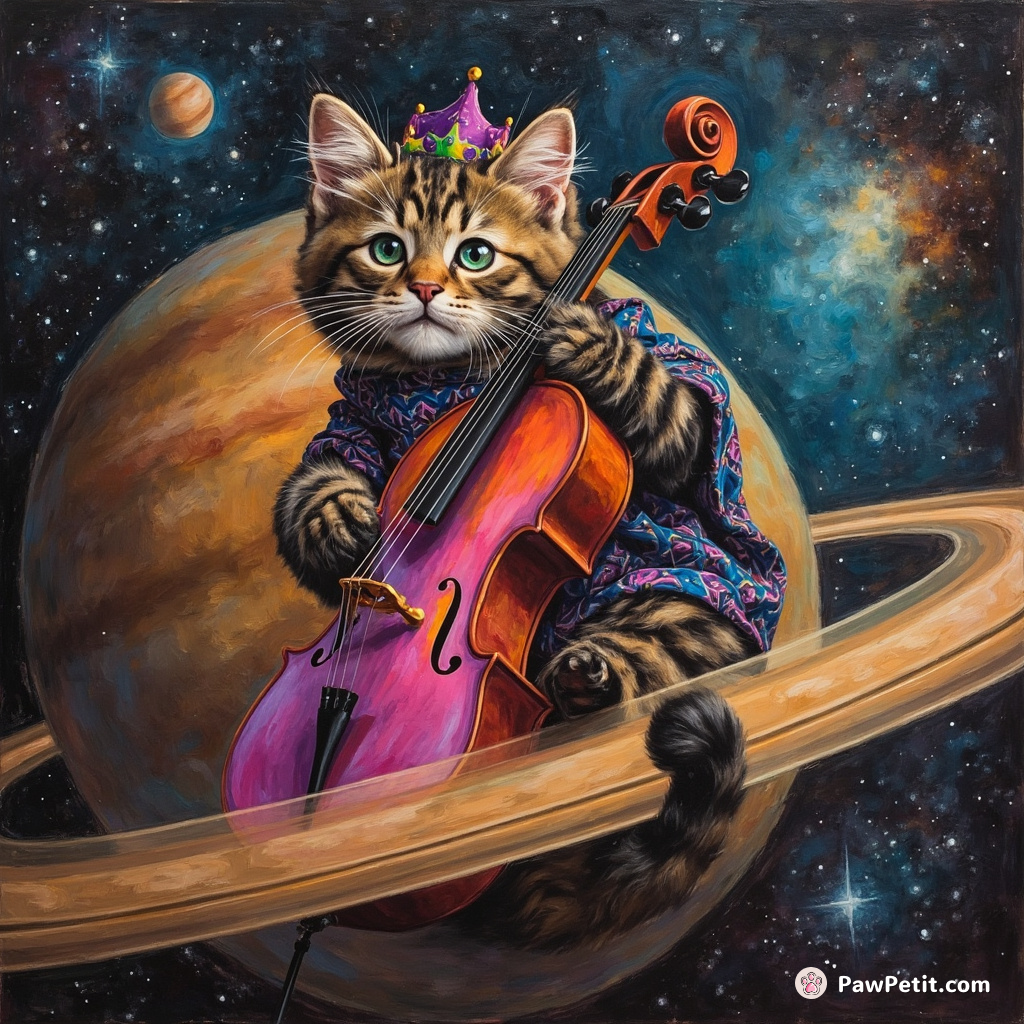 Galactic overlord tabby cat strumming a neon cello on the rings of Saturn.