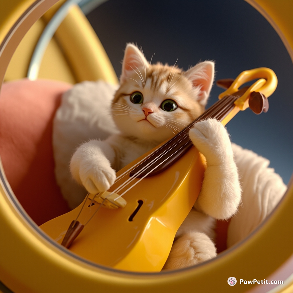 Cat playing an electriccello made of cheese in a zero-gravity spaceship.