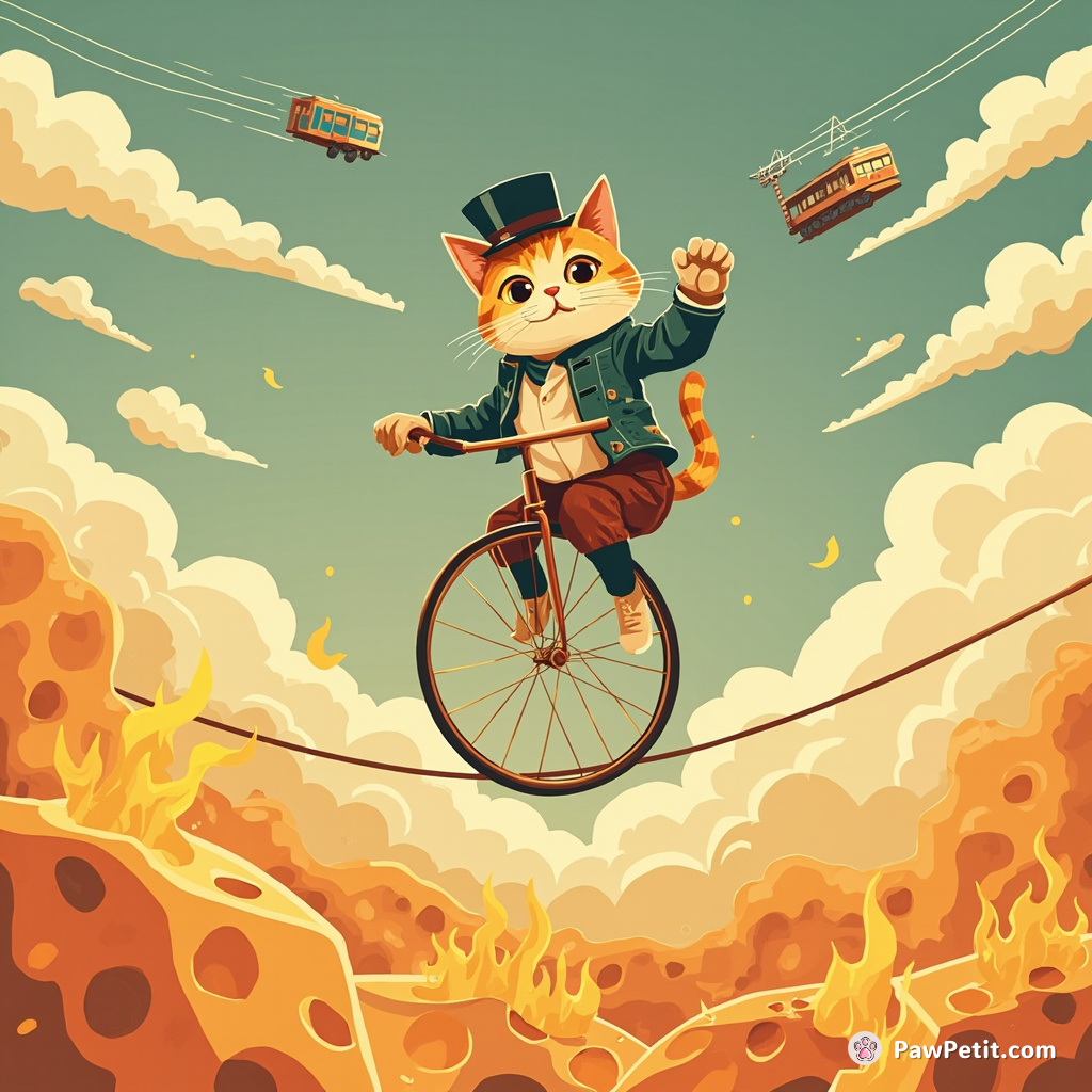 Steampunk cat riding a monocycle on tightrope over flaming cheese under an electric purple sky.