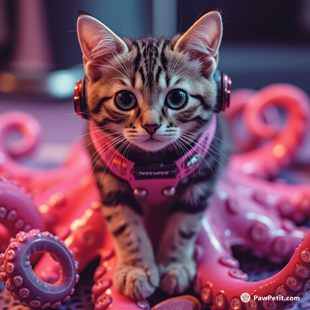 Cybernetic cat riding a fluorescent octopus in a 1980s synth-pop album cover aesthetic.