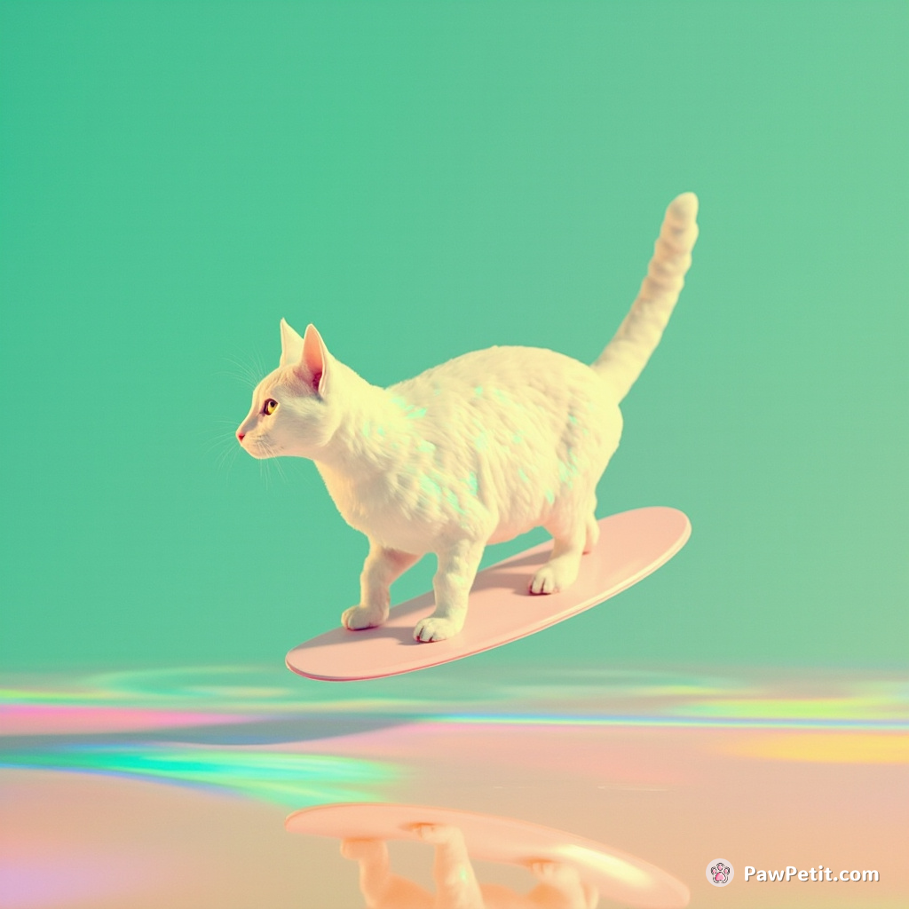 A giant mother-of-pearl tabby cat surfing on a magical puddle of liquid rainbow under an emerald sky.