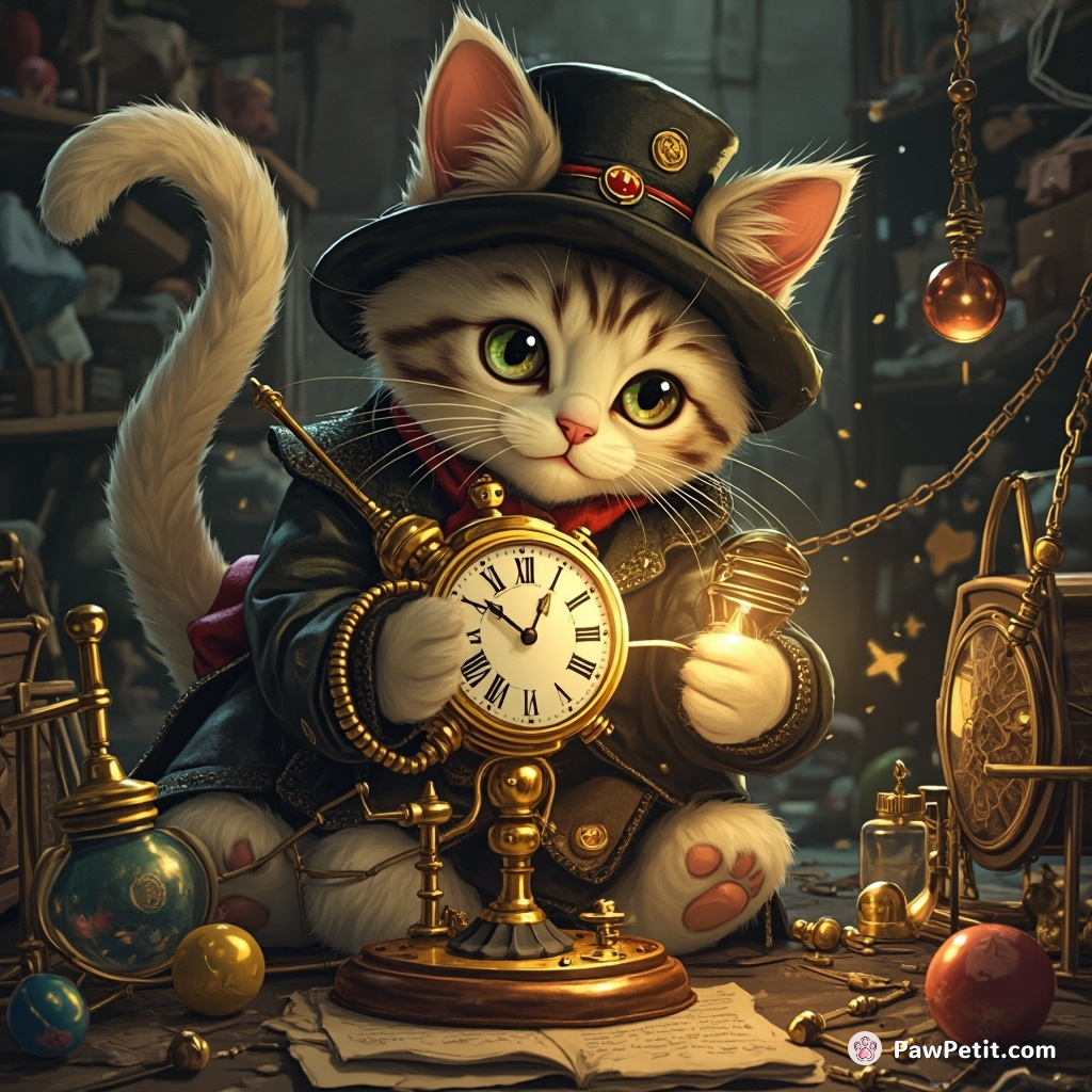 A steampunk-inspired cat tinkering with a miniature time machine in an overflowing attic.