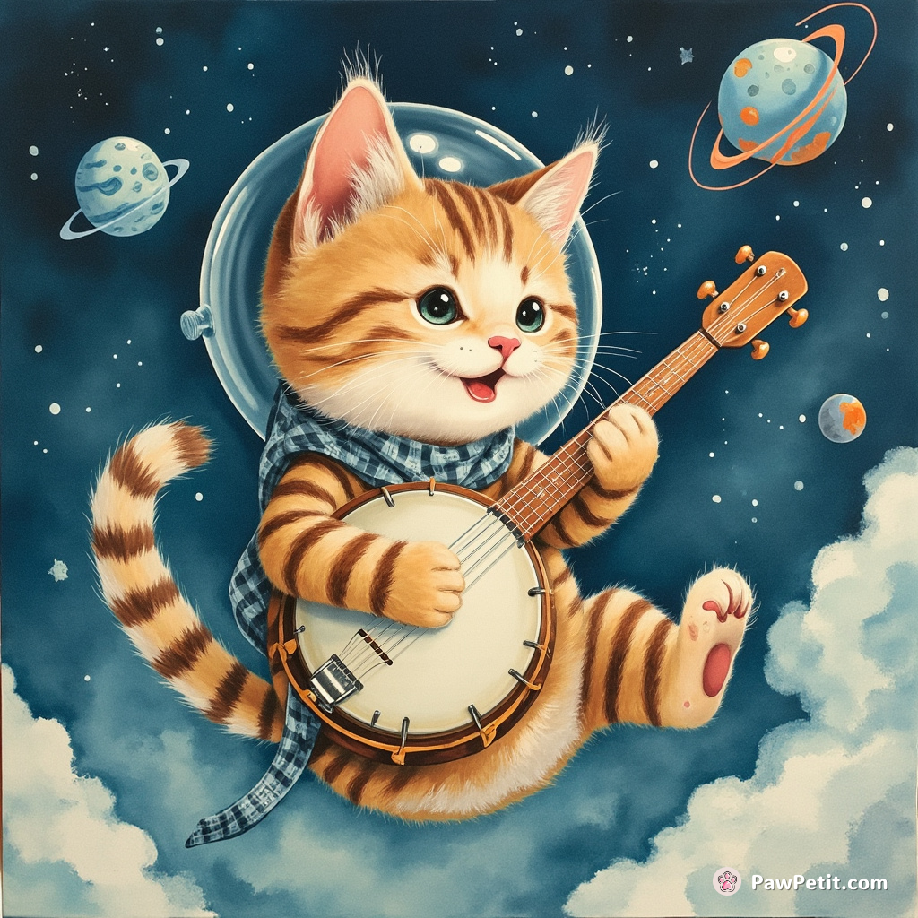 A tabby cat playing banjo in zero gravity, with tiny blue cheese planets floating around it.