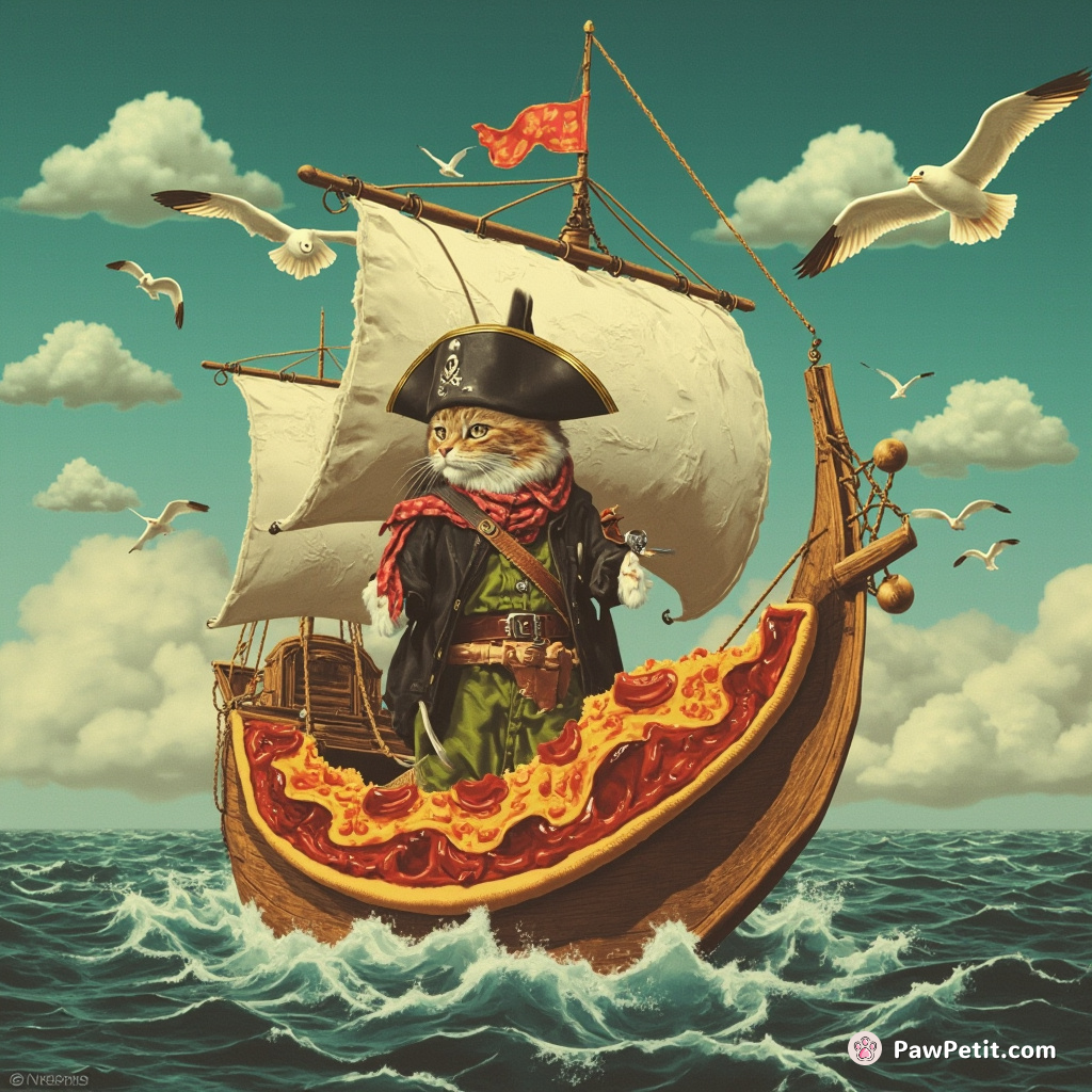 A pirate cat sailing a ship made of pizza in an ocean of gravy with seagull-shaped clouds.