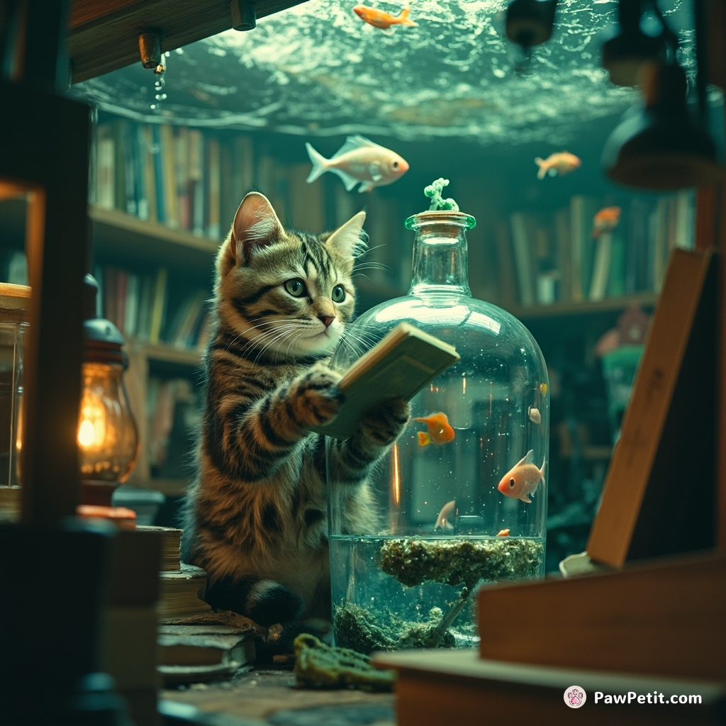 Bookshop-operating cat reading a tiny floating book amidst flying fish inside a giant sunken bottle.