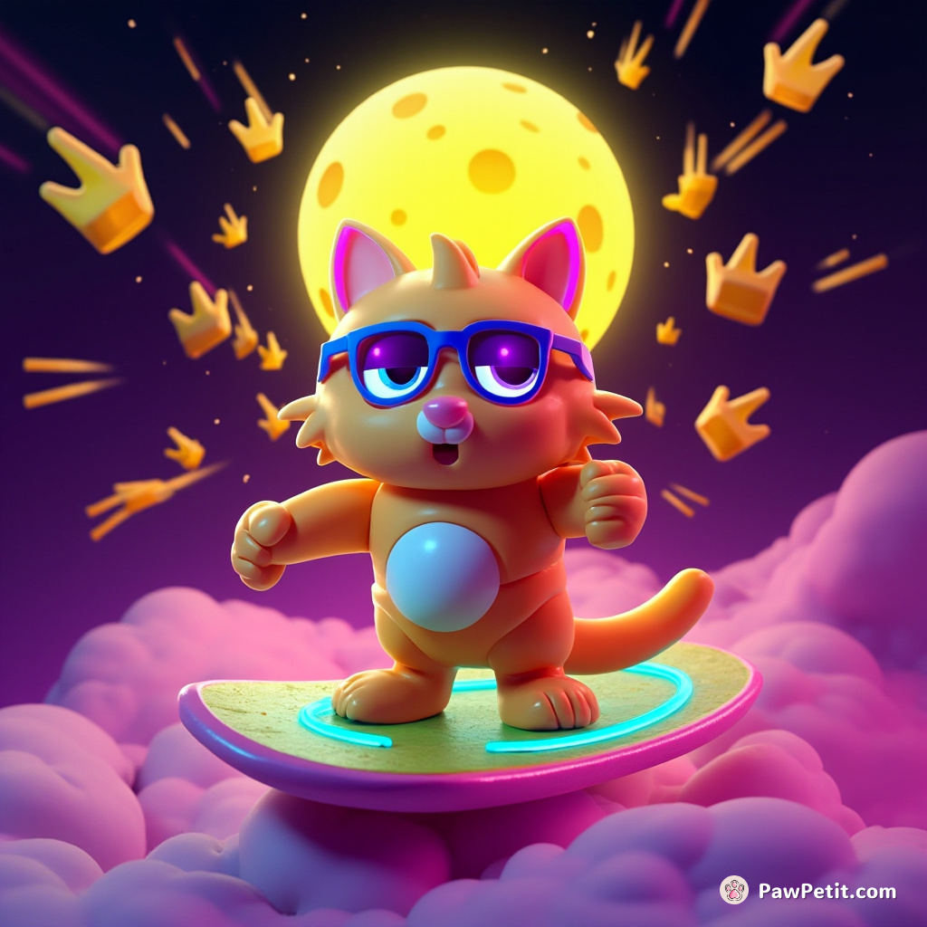 A neon-colored cat surfing under a cheese moon with french fries shooting stars.