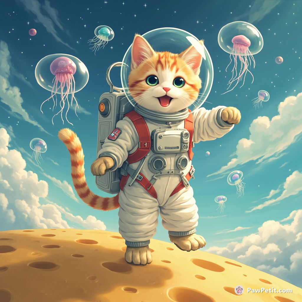 Cat in astronaut suit, happily tap-dancing on a cheese moon under a sky full of jellyfish clouds.