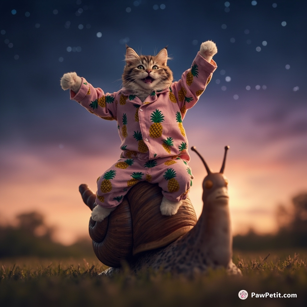 Cat dancing joyfully on top of a giant speeding snail, wearing pineapple-patterned pajamas under starry twilight skies.