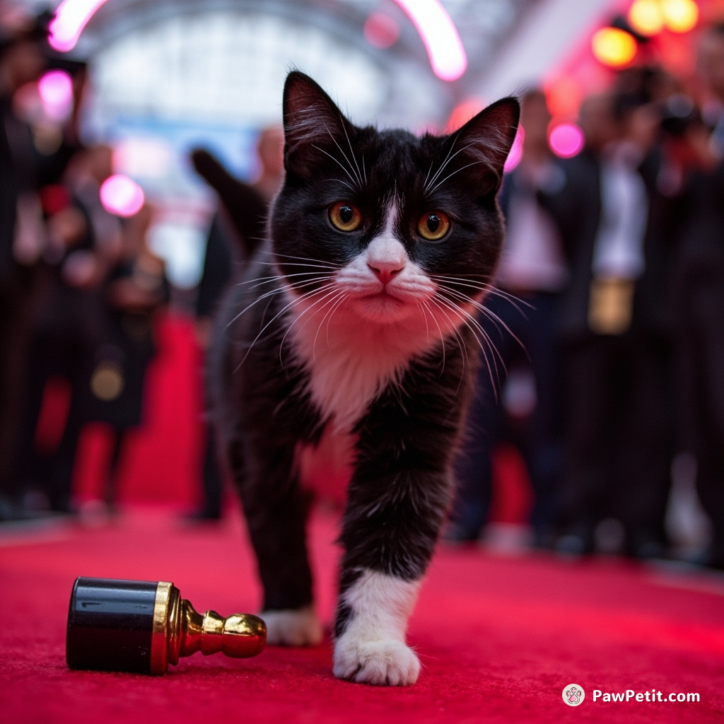 A tuxedo cat, confidently meandering down the red carpet at Cannes, purrs audibly...knocks film award off table with sass.