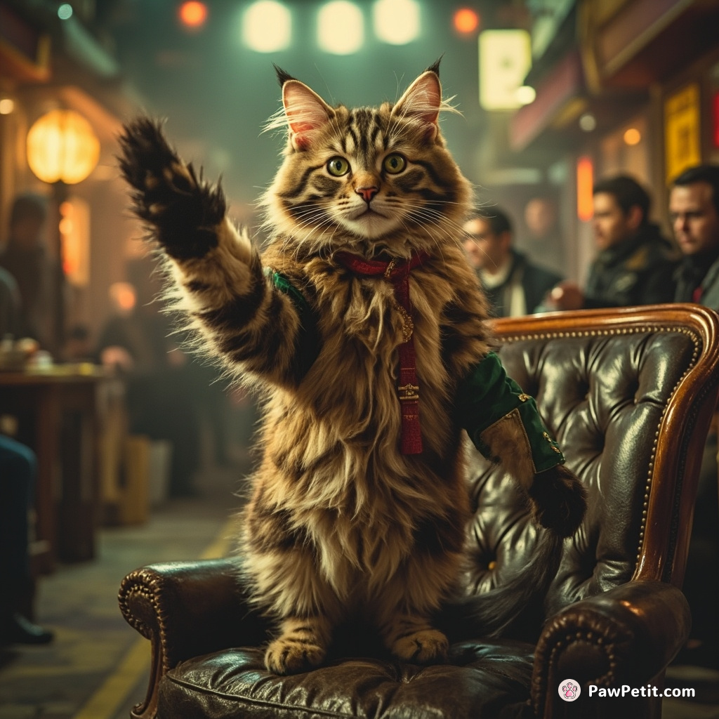 In this unruly feline-led future, cats regally flick their tails authoritatively to make decree and impose whimsical laws on humans.