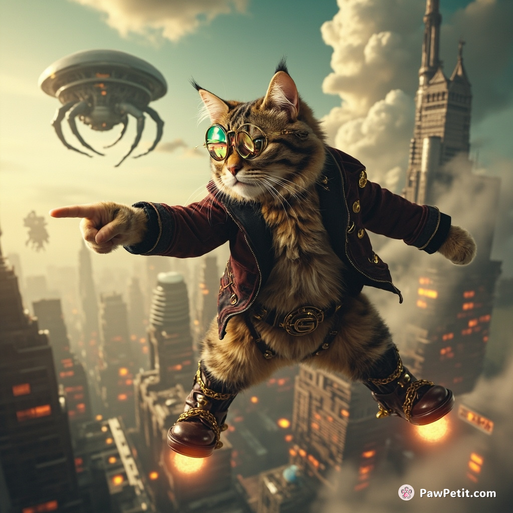 A steampunk cat wearing a monocle, hovering over a futuristic city on jet-propelled boots, dramatically pointing towards an alien invader.