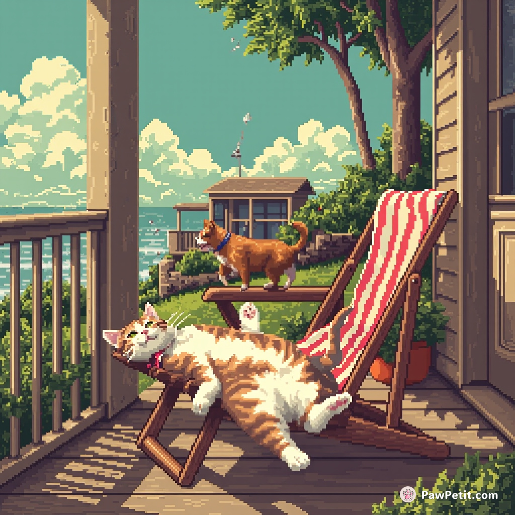 Cat sprawls on porch, paws waving as if lounging in a beach chair, blissfully ignoring chaos of escaped dog.