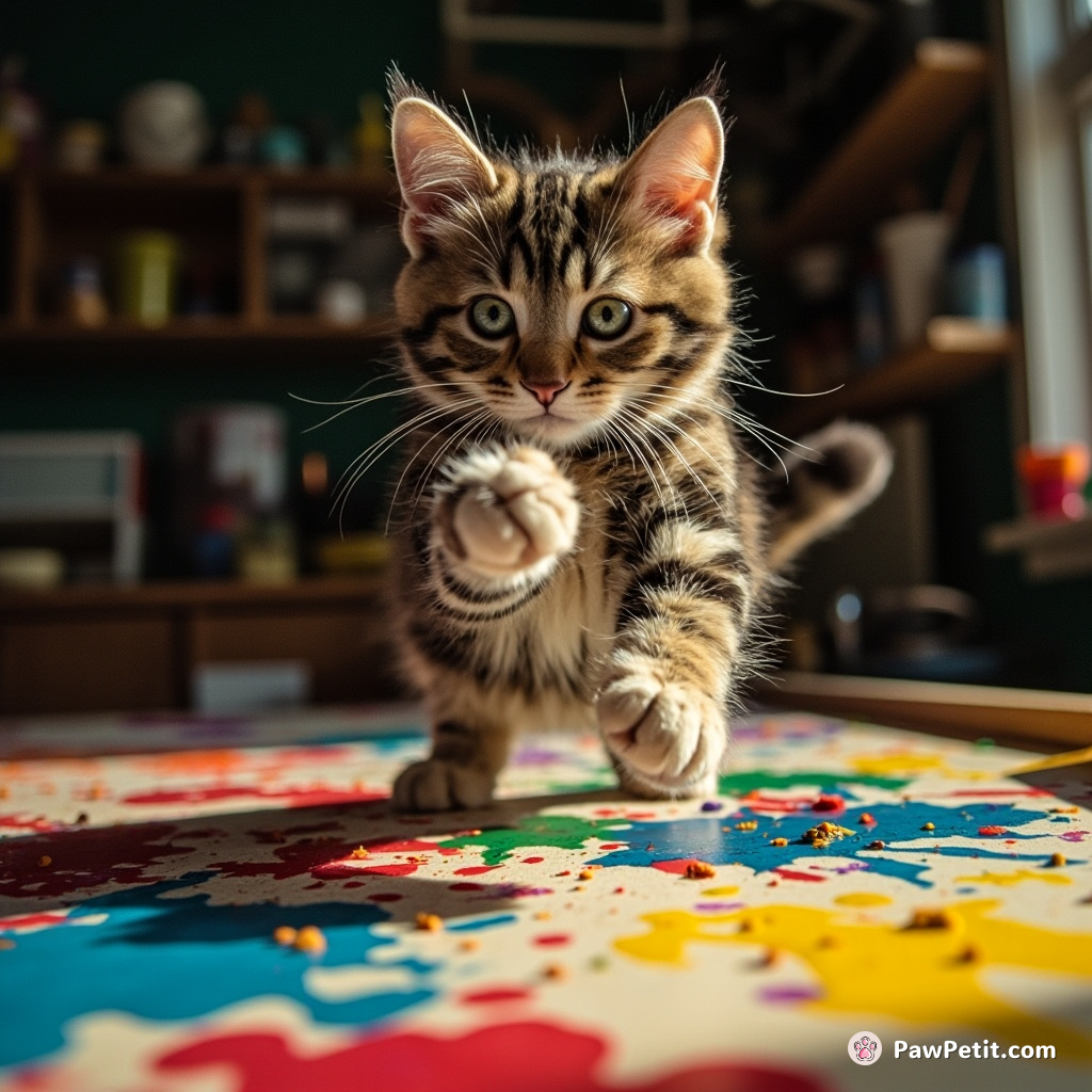 Cat leaps onto table, knocking over paint, paws in vibrant splatters.
