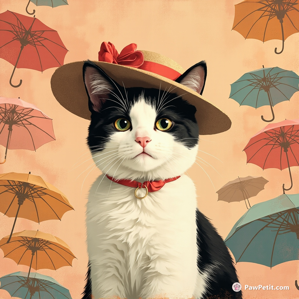 Amid a stage of fancy parasols, cat Marbles dons her Victorian hat brimmed wide. Boldly curts(ies) - tea party etiquette feline-ified!