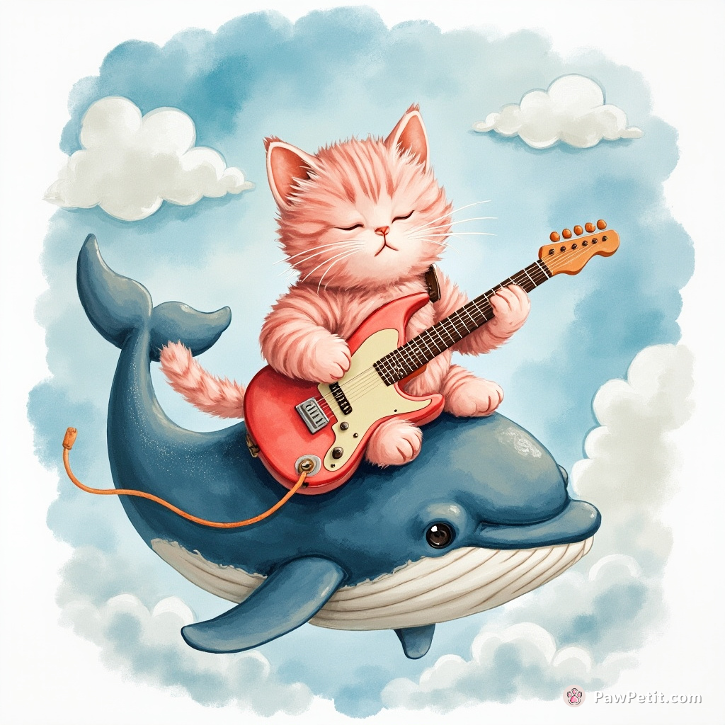 A pink-furred cat dynamically playing electric guitar atop a floating whale in cloudy skies.