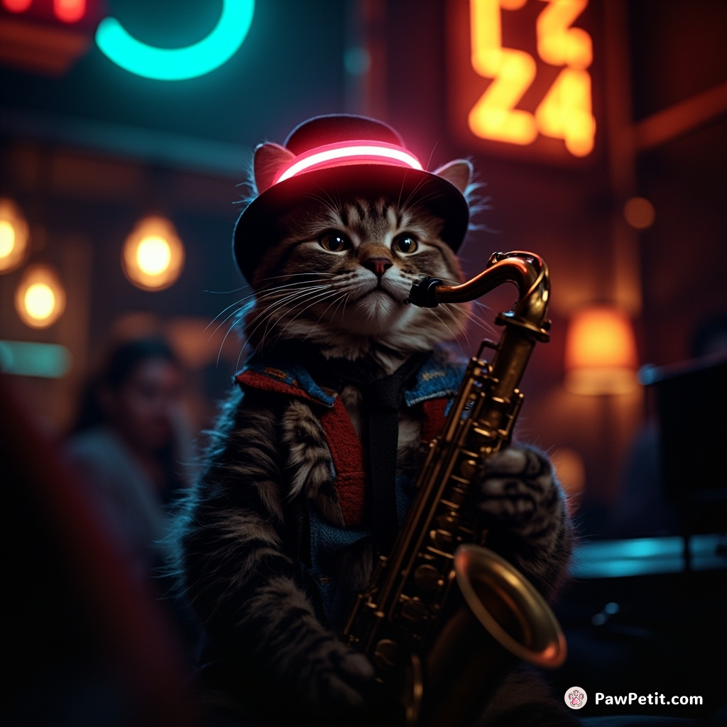 Dimly lit jazz club with saxophone-playing cat wearing a neon fedora.