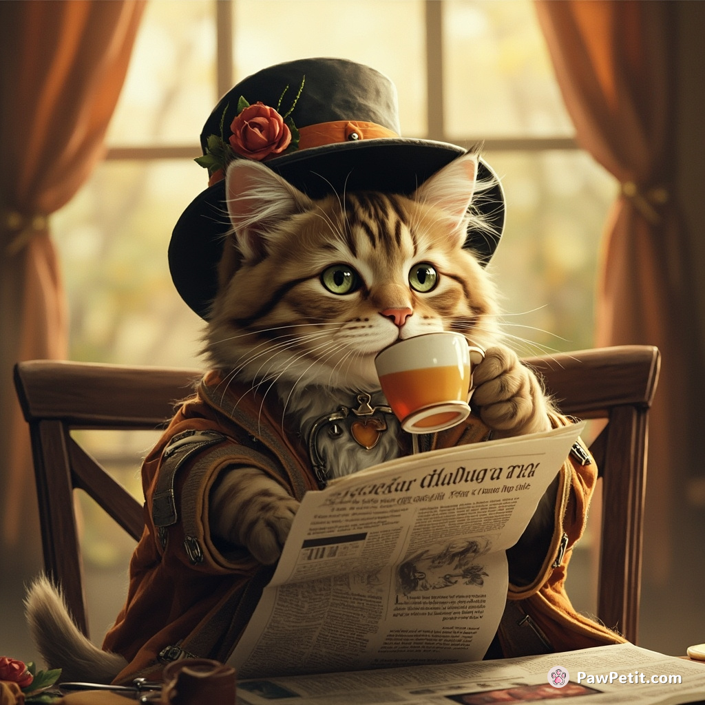 The cat, donning a tiny hat, sips tea with a paw, pretending to read the morning newspaper.