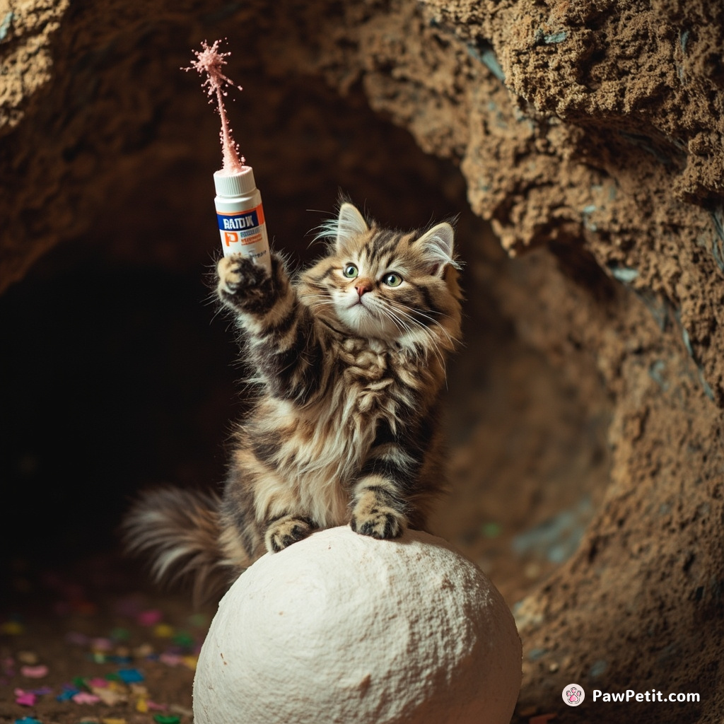 Cat victoriously jousting on a crafting glitter glue tube atop an inflatable marshmallow in a subterranean disco cave.