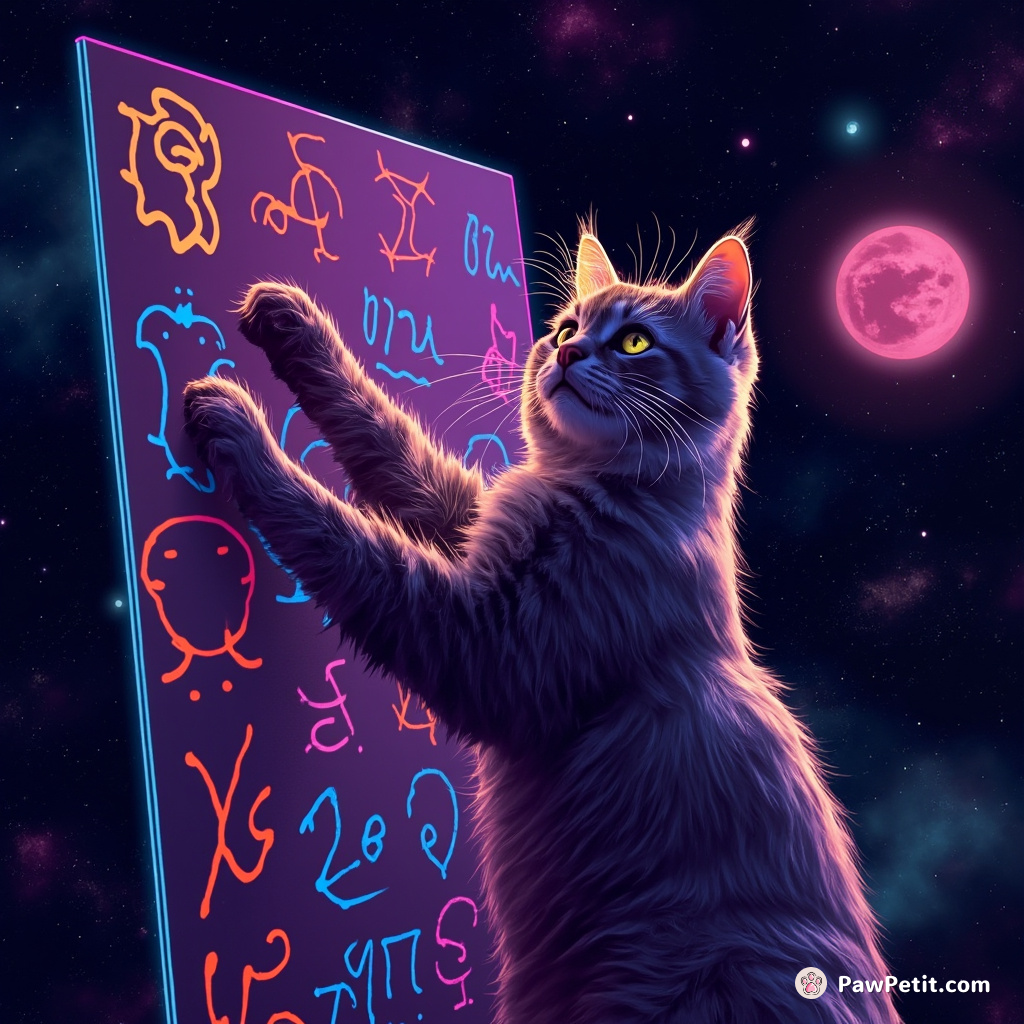 Celestial cat painting zodiac symbols with its whiskers on a cosmic canvas in astral dimension.