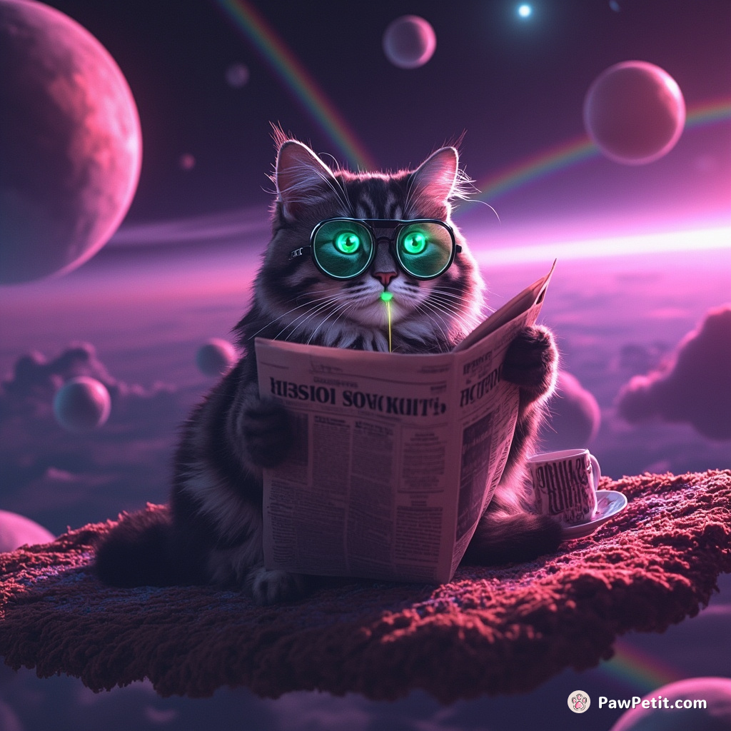 A cat reading a newspaper on a floating rug in space, wearing emerald monocles and sipping from a teacup seeping neon rainbows.