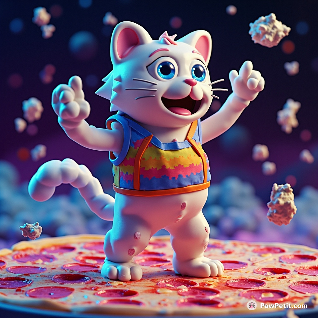 A cyclopean cat disco dancing on a kaleidoscopic cosmic pizza, juggling Neptunian blue cheese crumbles.