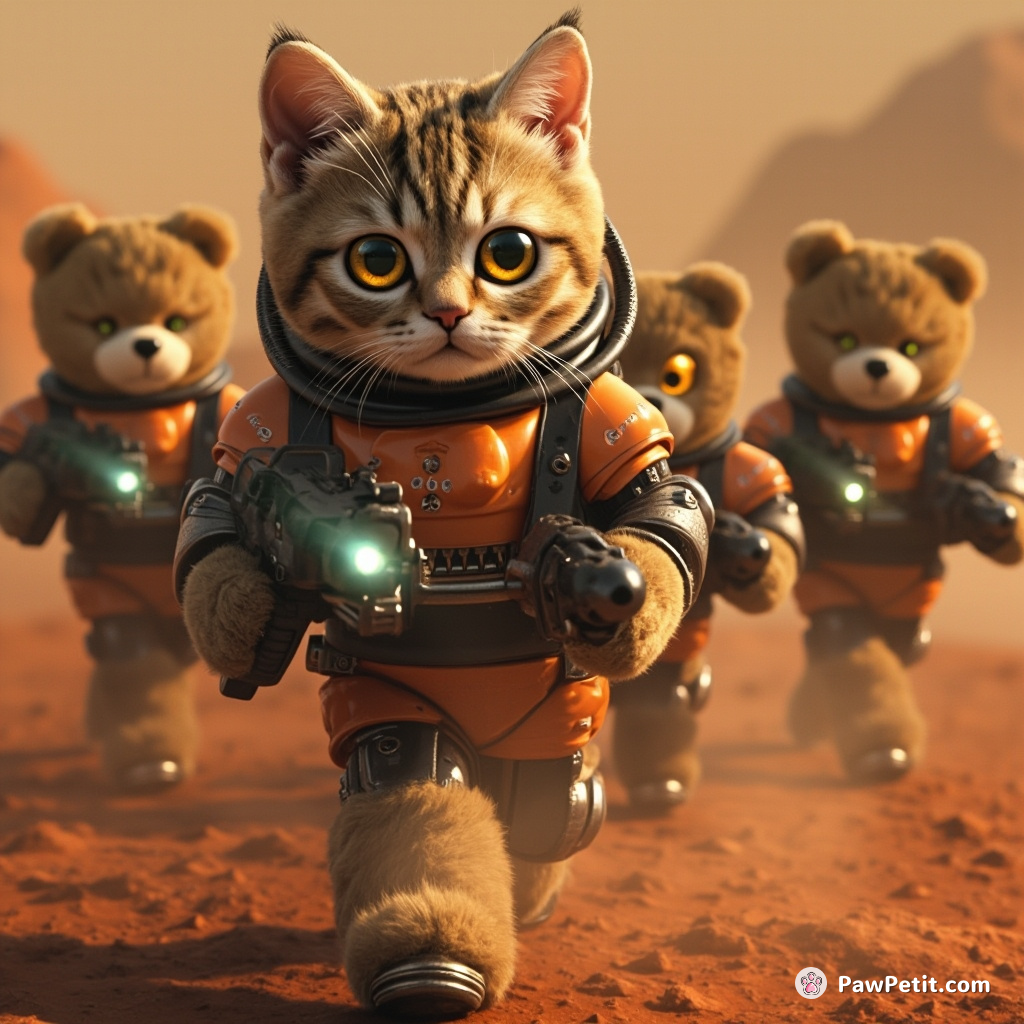 Cybernetic cat leading an army of laser-spewing teddy bears on Mars.