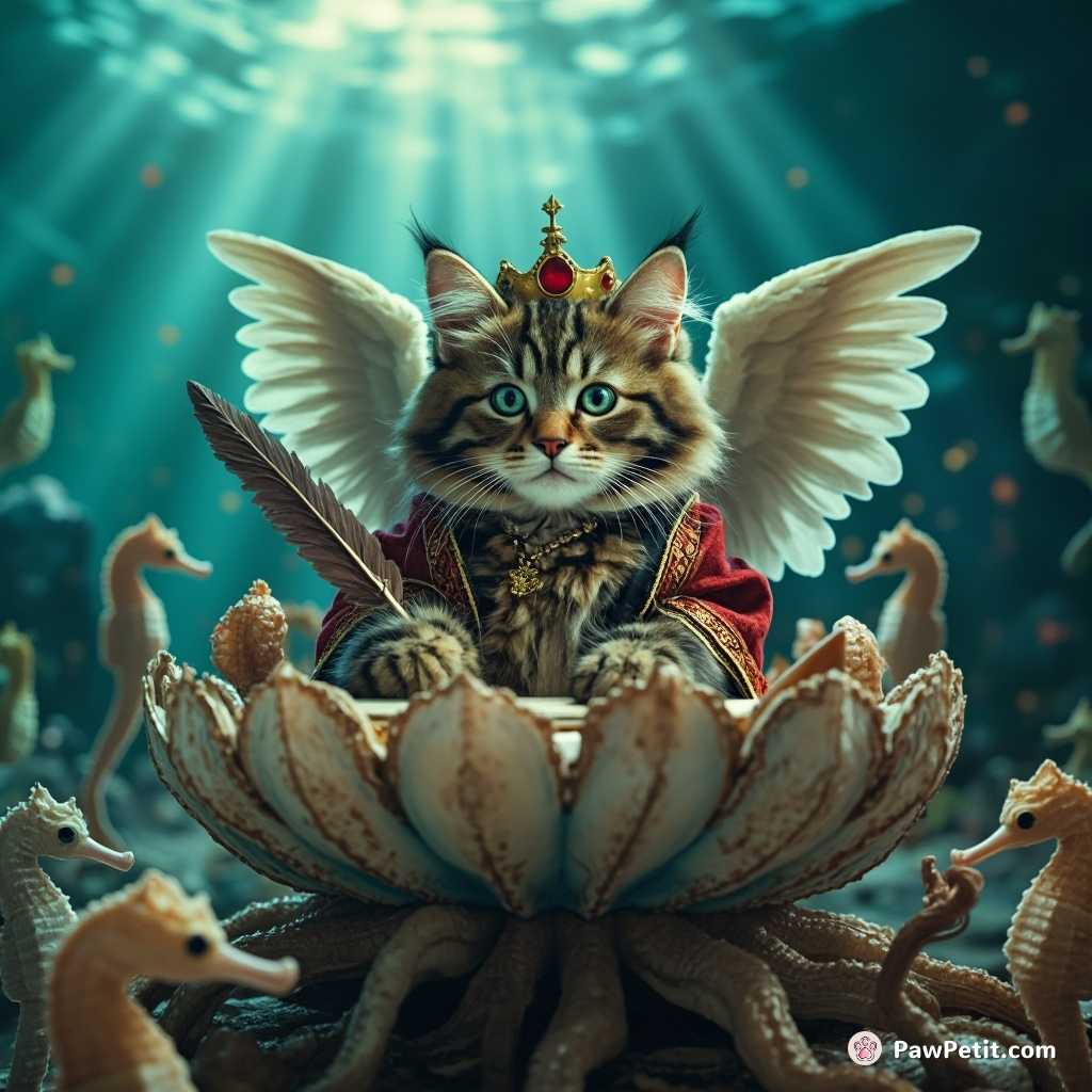 A winged tabby cat, being the mayor of an underwater city populated by seahorses, placed on a giant clam throne, signing legislation with a quill cut from a squid's tentacle.