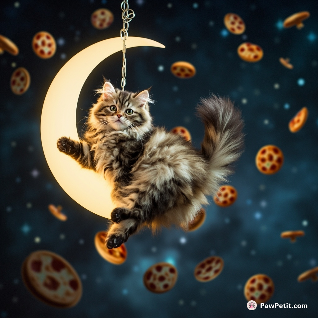 A cat swinging on a crescent moon chandelier, using its tail, in a galaxy far far away with pizzas flying around.