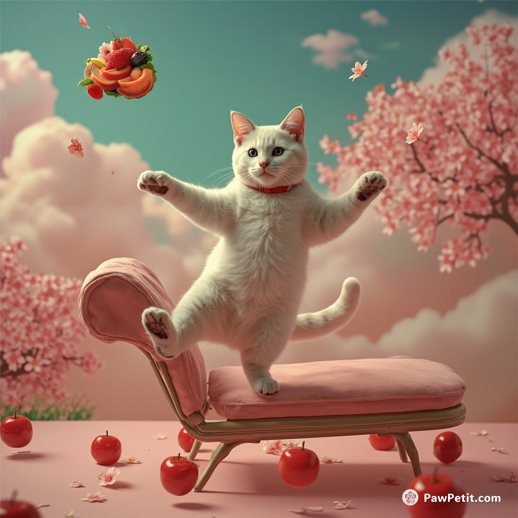 A cat pirouetting on a chez lounge, levitating fruit salad with its telekinetic powers, beneath a cherry blossom storm.