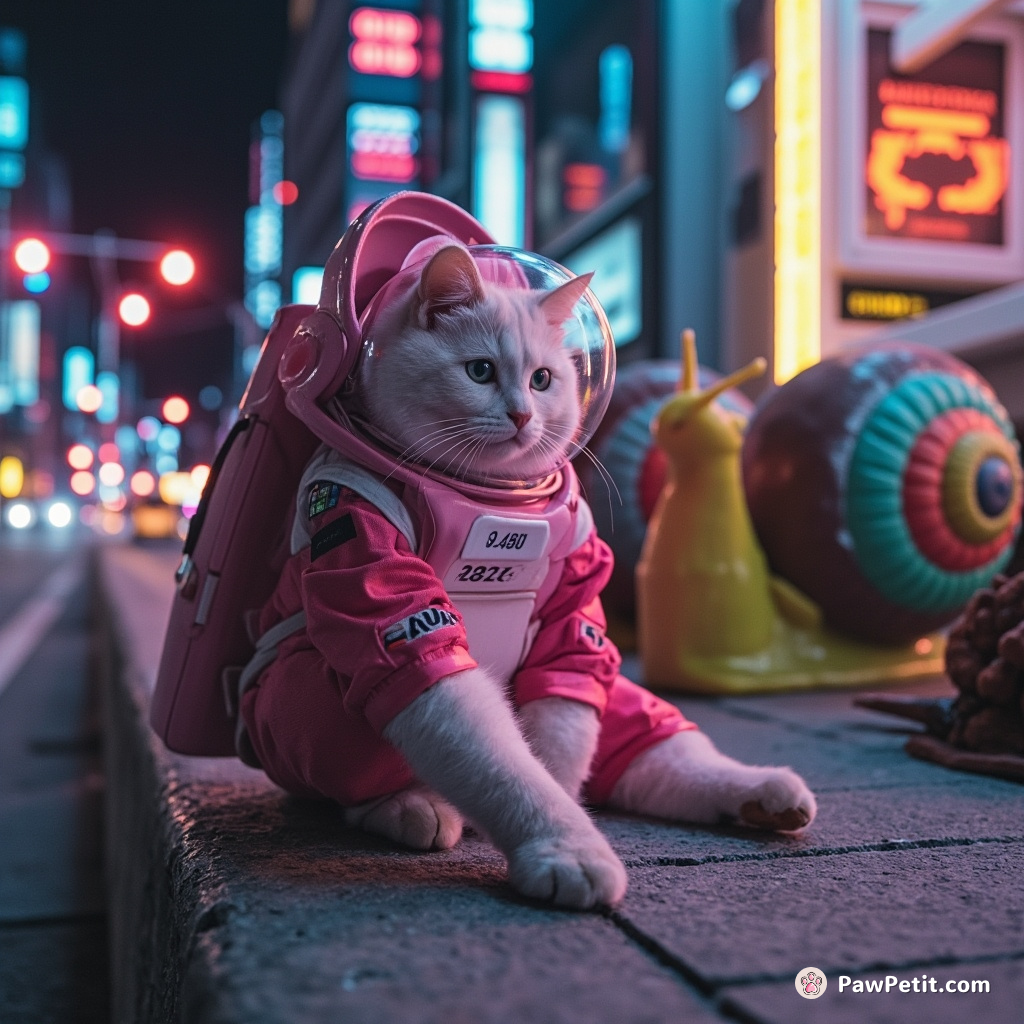 A neon pink cat in astronaut gear, tapping its foot impatiently at a space bus stop while giant snails with rainbow shells nervously nice past.
